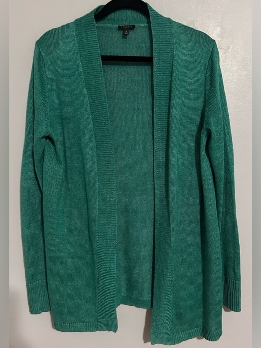 Talbots 100% Linen Cardigan Green Open Front Lightweight Preppy Classic